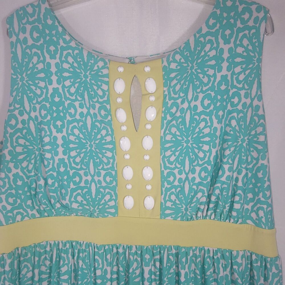 Ruby Rd Woman Sleeveless Mint Green Geometric Maxi Dress Beaded V-Neck Plus 1X - Picture 2 of 8